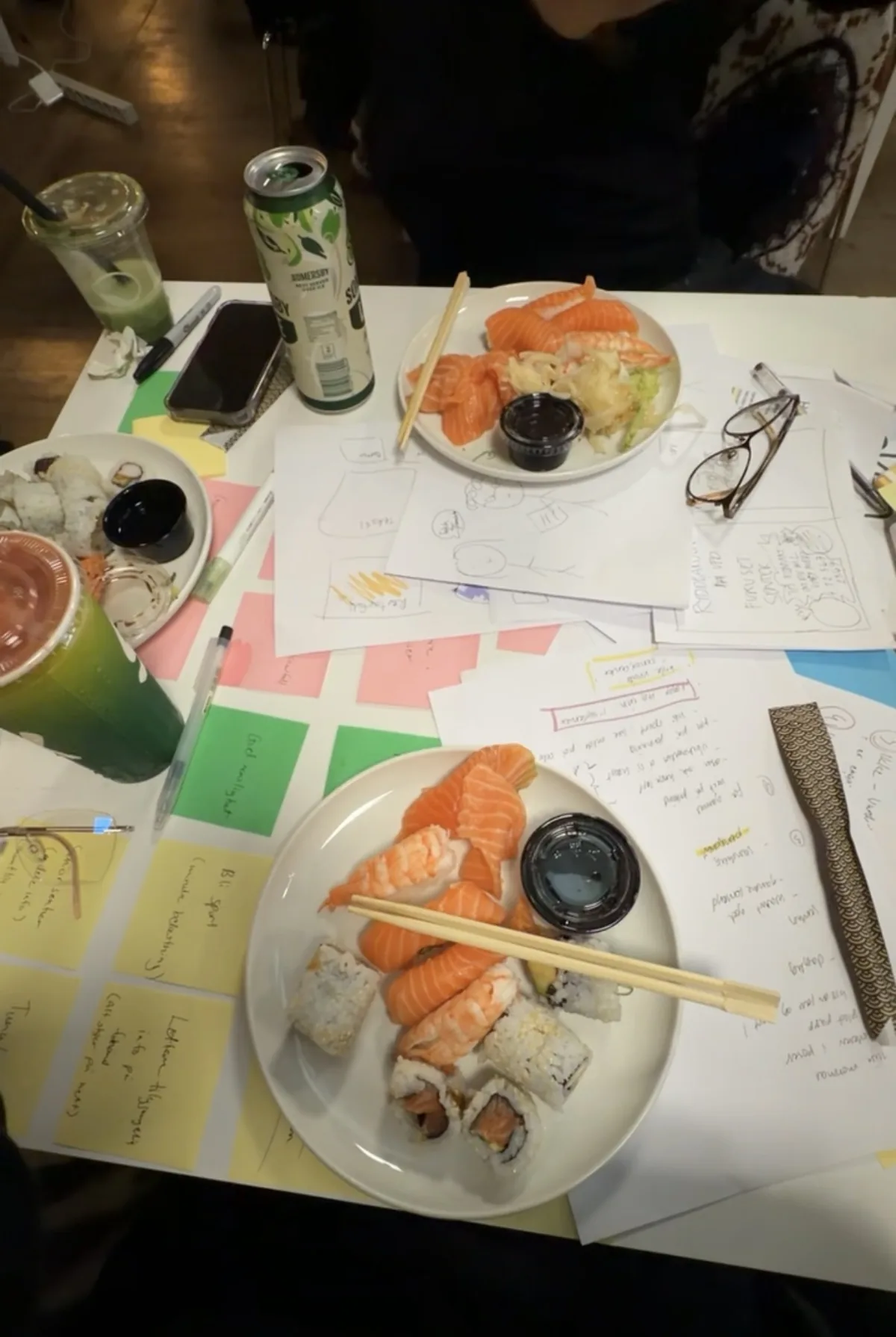 Skisser, notater og post-it-lapper på bordet under UX Cup-dagen