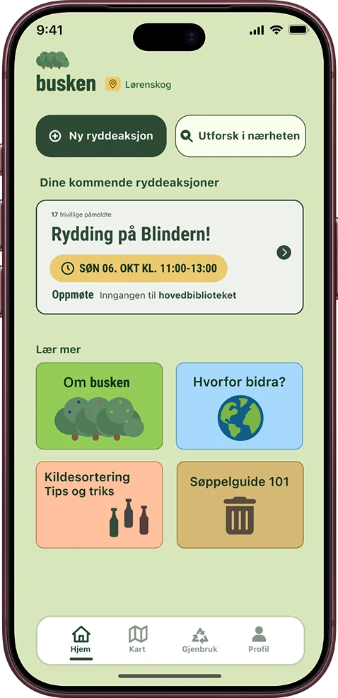 Hjemskjermen med kommende ryddeaksjoner