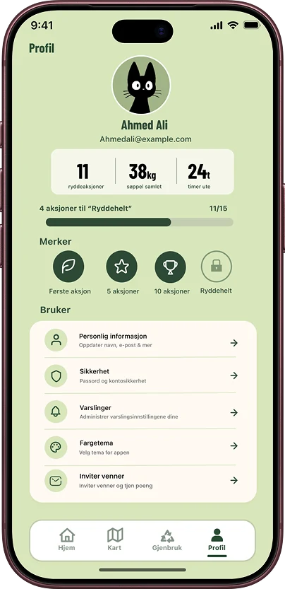 Profil med statistikk og merker