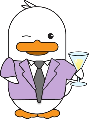 Ferdig Defi Duck i lilla dress og slips som blunker og holder et glass