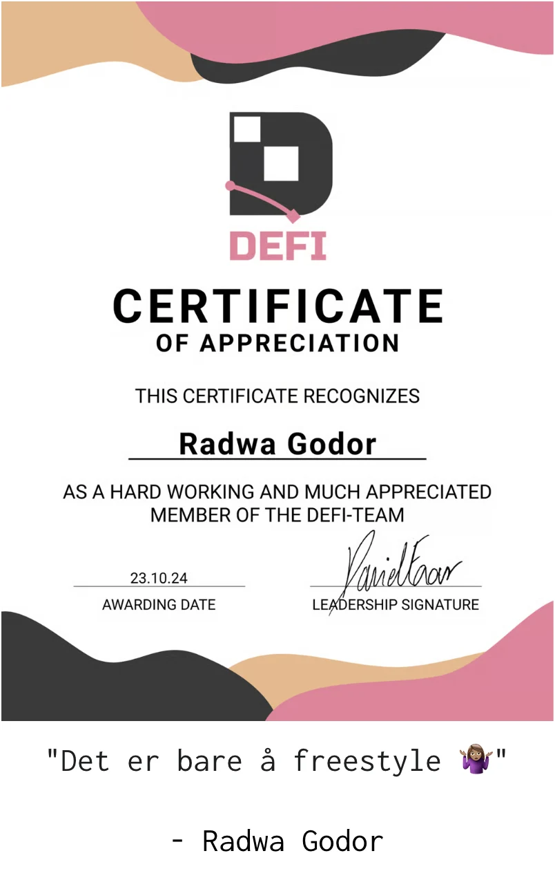 Certificate of Appreciation fra DEFI til Radwa Godor, datert 23.10.24