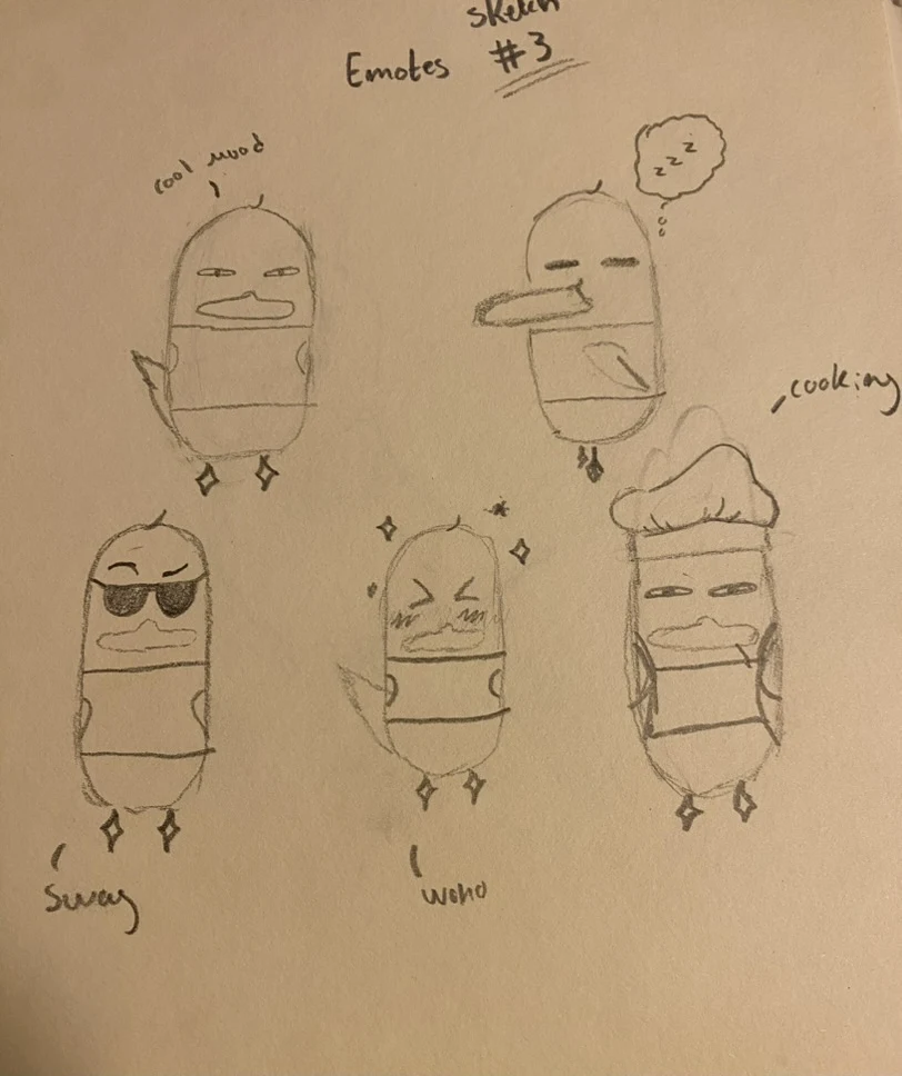 Blyantskisse med tittelen Emotes, skisse nummer 3: fem ender med uttrykkene cool mood, sover, swag, woho og cooking