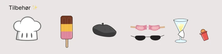 Tilbehør til Defi Duck: kokkelue, is, beret, rosa briller, solbriller, drinkglass og en liten kopp