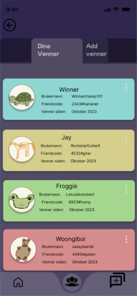 Liste over venner med brukernavn og friendcode